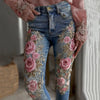 Womens Denim Jeans Womens Trousers With Colorful 3D Floral Prints by My Store