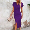 Split V-Neck Bodycon Dress – Slim Fit Short Sleeve Slit Dress by FitiqueFit