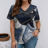 V-Neck Denim Print Short Sleeve T-Shirt | Loose Casual Tee by FitiqueFit