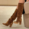 Women’s Suede High Heel Boots | Pleated Thick Heel Pointed Toe by FitiqueFit