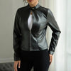 Women's Solid Color Long Sleeve Stand Collar Faux Leather Blazer by FitiqueFit