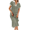Polo Collar Stripes Short Sleeve Split Long Dress