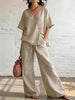 Women's Loose Cotton-Linen V-Neck Top & Wide-Leg Pants Set by FitiqueFit