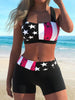 Bikini American Flag Print 2 Piece Criss Cross Halter Swimsuit for Women – High Stretch Patriotic Bikini Set with Ring Knot Back and Boxer Shorts Bottoms – Comfortable Summer Swimwear for Beach Pool and 4th of July Celebrations by Stevvex