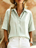 Women's Striped Short-Sleeve Shirt with Turn-Down Collar by FitiqueFit