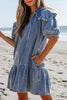 Ruffled Side Pockets Puff Sleeve Denim Mini Dress