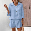 Women's Lapel Collar Double-Panel Shirt & Shorts Two-Piece Set by FitiqueFit