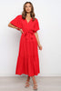 Front Tie Short Sleeve Tiered Midi Dress