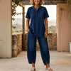 Women's Lapel Button-Up Top & Pants Two-Piece Set – Three-Quarter Sleeve by FitiqueFit