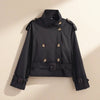 Women's Notch-Collar Short Trench Coat with Belt Buckle Detail by FitiqueFit