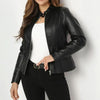 Women's Solid Color Long Sleeve Stand Collar Faux Leather Blazer by FitiqueFit