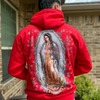 Red Virgen Mary Hoodie – Bold Religious Statement Apparel by Dog Mom Hat