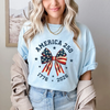 America 250 Stars and Stripes Bow T-Shirt – Coquette Patriotic Graphic Tee by Dog Mom Hat