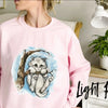 Cute Sad Cat in Winter Tree Crewneck, Whimsical Retro Feline Pullover by Dog Mom Hat