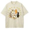 Five Holding Hands Circle Cats T-Shirt – Retro Wholesome Kitten Star Heart Graphic Tee, Vintage Washed Lightweight Cotton Unisex Top