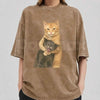 Cat Quarrel Moment T-Shirt – Retro Funny Feline Standoff Graphic Tee, Vintage Washed Lightweight Cotton Unisex Streetwear Top