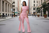 Women's Crew-Neck Pleated Ribbon Flare Jumpsuit by FitiqueFit