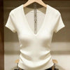 Solid Color Ice Silk Knit Top for Women – Slim-Fit Short Sleeve Elegant Commuter Top by FitiqueFit