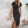 Split V-Neck Bodycon Dress – Slim Fit Short Sleeve Slit Dress by FitiqueFit