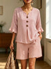 Women's Buttoned V-Neck Ruffle-Trim Top & Shorts Two-Piece Set by FitiqueFit