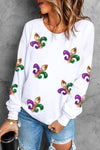 White Sequin MARDI GRAS Graphic Pullover Sweatshirt