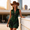 Women's Suede Western Tassel Sleeveless Slim-Fit Midi Dress by FitiqueFit