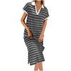 Polo Collar Stripes Short Sleeve Split Long Dress