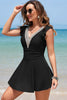 Black Ruffled Short Sleeve Lace Trim V Neck One Piece Swim Dress by Wild and Free Boutique