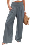 Khaki Smocked Wide Waistband High Waist Wide Leg Pants