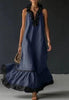Women's Resort Linen Maxi Dress – Halter Neck Ruffle A-Line Boho by FitiqueFit