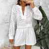 Women's Solid Color Elegant V-Neck Lace Long Sleeve Blouse & Shorts Set by FitiqueFit
