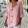 Women’s Loose V Neck T Shirt – Cotton Linen Button Top by FitiqueFit