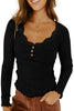 Black Lace Neckline Button Decor Lettuce Edge Long Sleeve Ribbed Top by Wild and Free Boutique