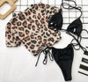 3PCS Women's Leopard Bikini Swimwear Swimsuit Bathing Beach Holiday Short Sleeve Leopard Print 3 Piece Short Sleeve Bikini Set Swimsuit Micro Triangle Bathing suit by Stevvex