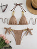 Bikini Ruched Texture Golden Chain 2 Piece Triangle Swimsuit for Women – Striped Halter Bikini Set with Bow Tie Side and Elegant Ring Link Detail – Stretchy Beachwear for Pool Bathing and Summer Vacations by Stevvex
