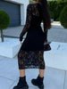 Black Lace Round Neck Long Sleeve Midi Dress Timeless & Elegant Design Women Dress by Stevvex