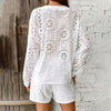 Women's Solid Color Elegant V-Neck Lace Long Sleeve Blouse & Shorts Set by FitiqueFit