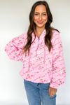 Pink Floral Print Half Zip Drawstring Hoodie Kangaroo Pouch