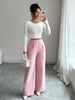 Women's High-Waist Straight-Leg Pants – Solid Color Button Detail Full Length by FitiqueFit