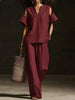 V-Neck Short Sleeve Top & Straight-Leg Pants Set – Ripped Detail, Pockets, Solid Color by FitiqueFit