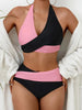 Bikini Black and White Contrast Color Criss Cross Neck 2 Piece Swimsuit for Women – Stylish Medium Stretch Two-Tone Bikini Set with Unique Neckline and Flattering Fit – Modern Swimwear for Beach Days, Pool Lounging, and Summer Escapes by Stevvex