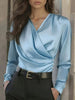 Women's Elegant Cross V-Neck Blouse, Ruffle Detail Button Accent Office Shirt by FitiqueFit