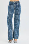 Risen High Rise Wide Leg Bow Embroidered Jeans For Women