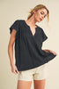 Aemi + Co Embroidered Trim Side Slit Notched Short Sleeve Blouse