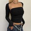 European And American Style Temperament Spun Yarn Pleated Tube Top Long Sleeve Short Cardigan Two-piece Set