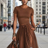 Short-Sleeve Top and Lace-Panel Midi Skirt Set by FitiqueFit