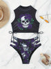 Bikini Skull Print Hollow-Out 2 Piece Swimsuit for Women – Sexy Lace-Up Floral Tie Bathing Suit with Crew Neck – High Stretch Halloween Inspired Bikini Set for Beach Party, Festival, and Summer Vacation by Stevvex