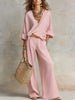 Women's Casual Linen Vacation Set – Three-Quarter Sleeve Top & Full-Length Pants by FitiqueFit