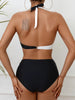 Bikini Black and White Contrast Color Criss Cross Neck 2 Piece Swimsuit for Women – Stylish Medium Stretch Two-Tone Bikini Set with Unique Neckline and Flattering Fit – Modern Swimwear for Beach Days, Pool Lounging, and Summer Escapes by Stevvex