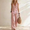 Women's Button-Up Cardigan Vest & Pants Set – Sleeveless Two-Piece by FitiqueFit